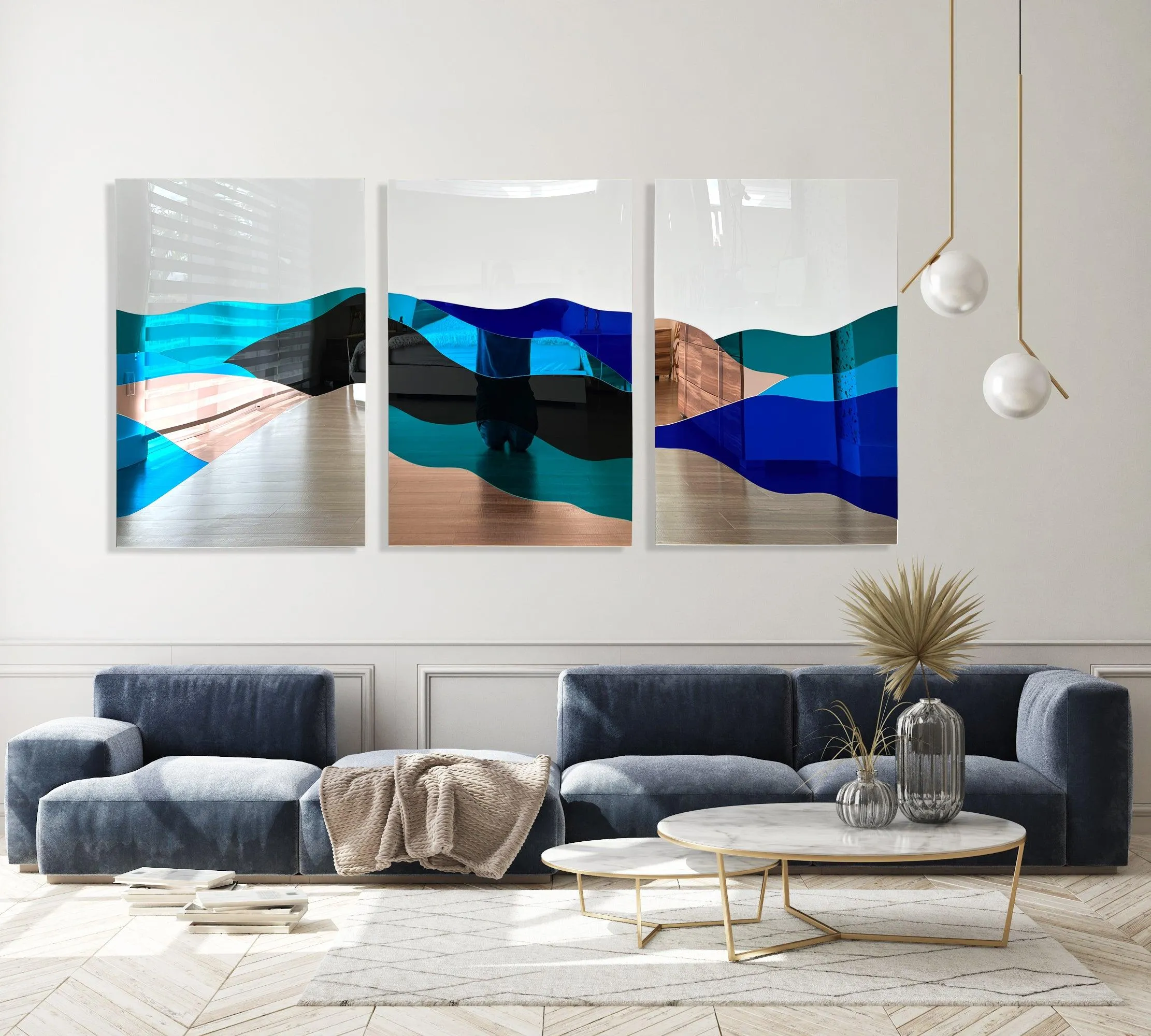 Oversized Contemporary Art Mirrored Mountain Wall Decor Set of 3