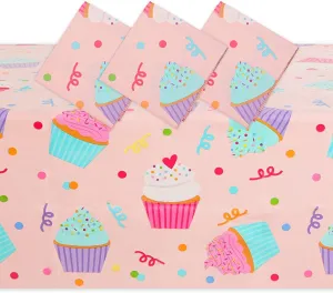 Pink Plastic Tablecloths for Cupcake Birthday Party (54 x 108 In, 3 Pack)
