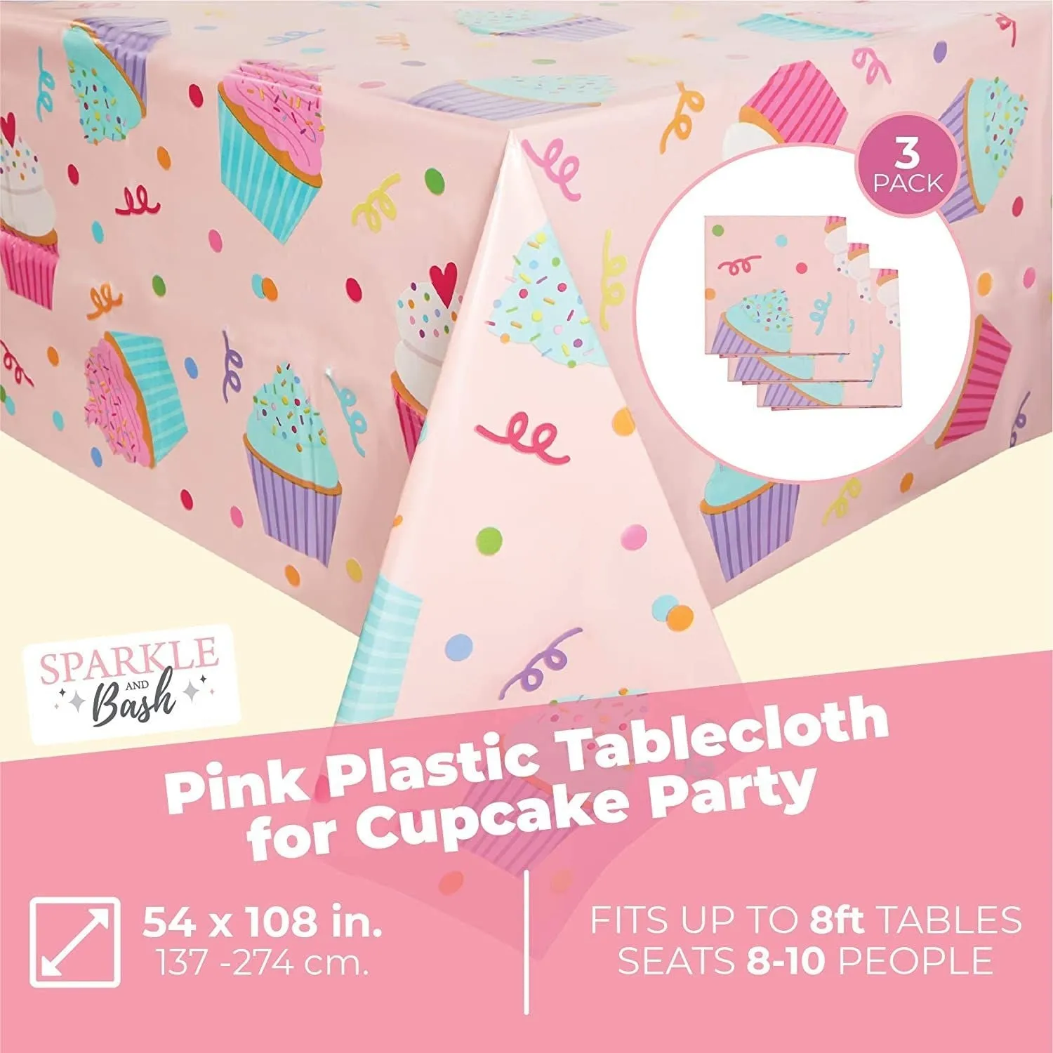 Pink Plastic Tablecloths for Cupcake Birthday Party (54 x 108 In, 3 Pack)