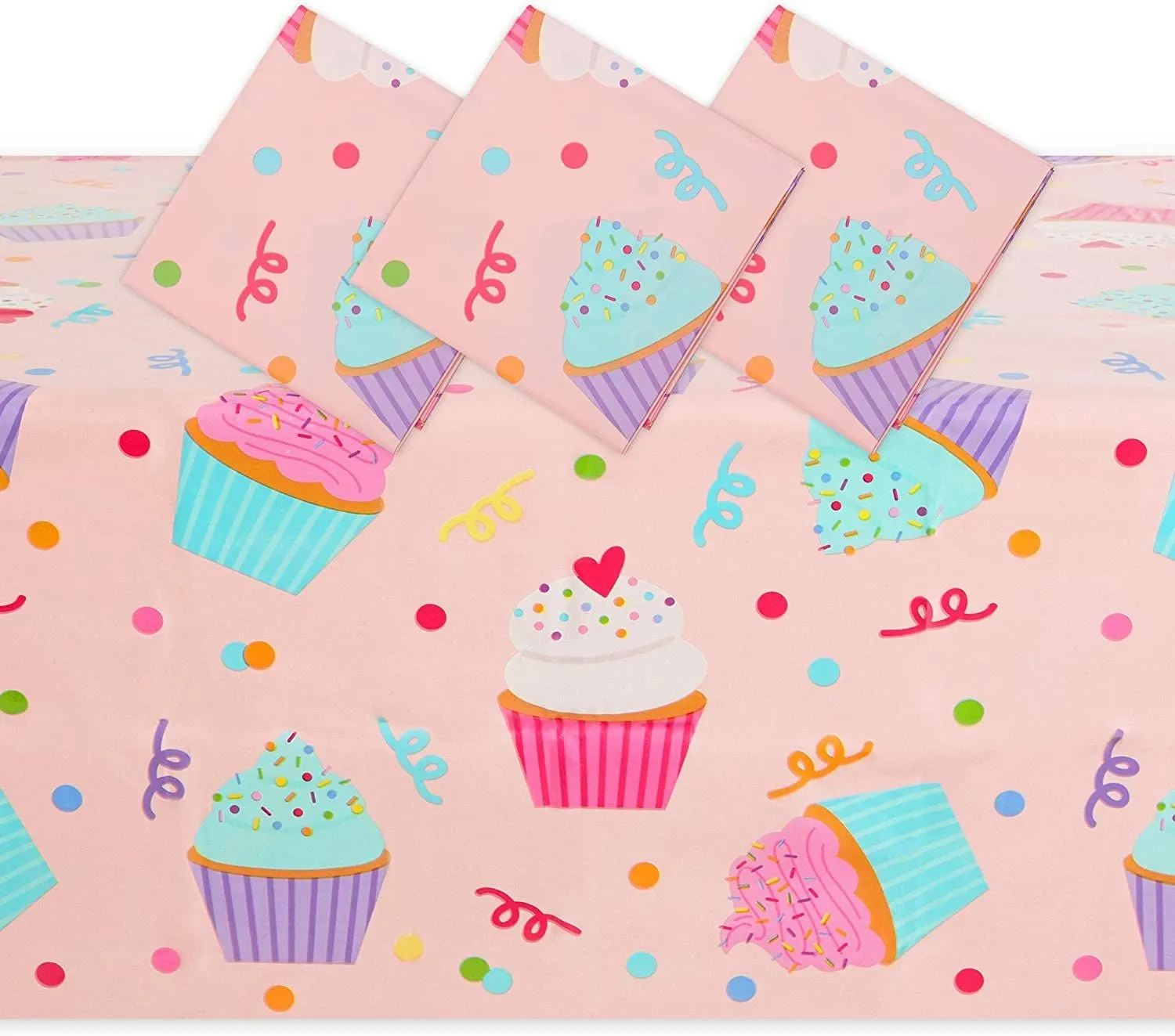 Pink Plastic Tablecloths for Cupcake Birthday Party (54 x 108 In, 3 Pack)