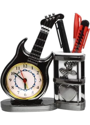 Quickart Analog Table Clock with Designer Guitar, Model &Pen vase for Study Table Pen Holder | Gift for School, Office, Home Decoration & Birthday