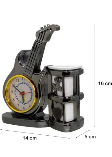 Quickart Analog Table Clock with Designer Guitar, Model &Pen vase for Study Table Pen Holder | Gift for School, Office, Home Decoration & Birthday