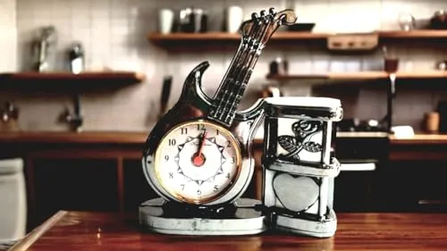 Quickart Analog Table Clock with Designer Guitar, Model &Pen vase for Study Table Pen Holder | Gift for School, Office, Home Decoration & Birthday