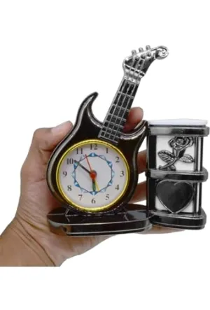 Quickart Analog Table Clock with Designer Guitar, Model &Pen vase for Study Table Pen Holder | Gift for School, Office, Home Decoration & Birthday