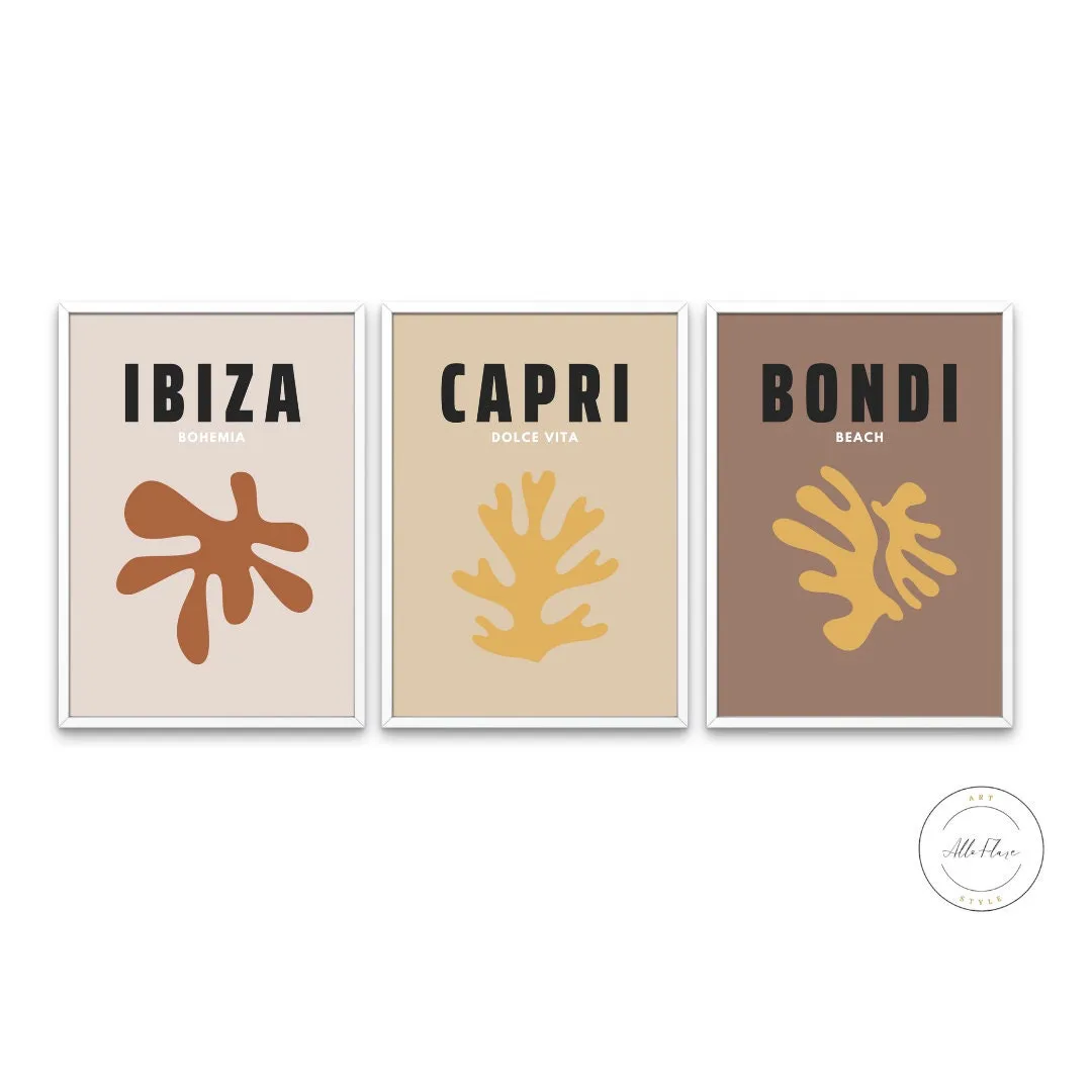 Set Of 3 Boho Travel Posters PRINTABLE ART, Terracotta Prints, Trendy Wall Art, Capri Ibiza Bondi, Boho Wall Art