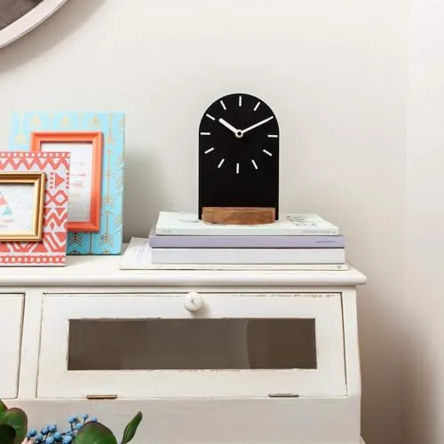 SOFFEE DESIGN One-Piece Table Clock Iron Sheet with Wooden Base Ins Style, Desktop Clock Non Ticking Battery Operated for Living Room Bedroom Home Decor, Black