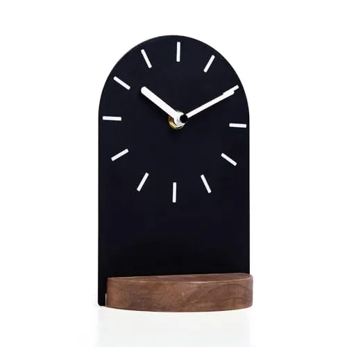 SOFFEE DESIGN One-Piece Table Clock Iron Sheet with Wooden Base Ins Style, Desktop Clock Non Ticking Battery Operated for Living Room Bedroom Home Decor, Black