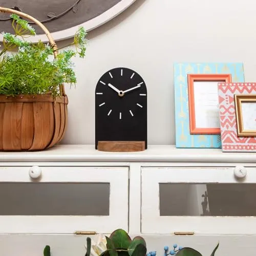SOFFEE DESIGN One-Piece Table Clock Iron Sheet with Wooden Base Ins Style, Desktop Clock Non Ticking Battery Operated for Living Room Bedroom Home Decor, Black