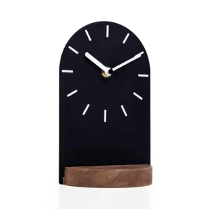 SOFFEE DESIGN One-Piece Table Clock Iron Sheet with Wooden Base Ins Style, Desktop Clock Non Ticking Battery Operated for Living Room Bedroom Home Decor, Black
