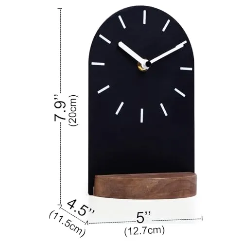 SOFFEE DESIGN One-Piece Table Clock Iron Sheet with Wooden Base Ins Style, Desktop Clock Non Ticking Battery Operated for Living Room Bedroom Home Decor, Black