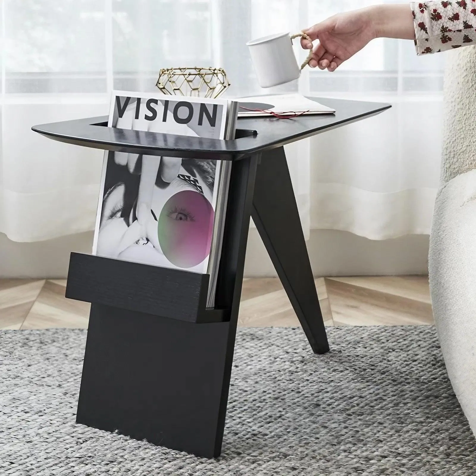 Solid Wood Side Table with Magazine Shelves Creative Narrow Coffee Table