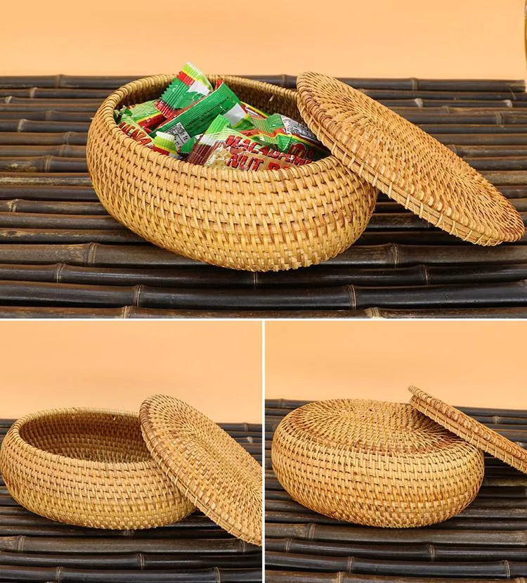 Storage Basket for Kitchen, Small Rattan Storage Basket, Round Storage Basket with Lid, Pantry Storage Ideas