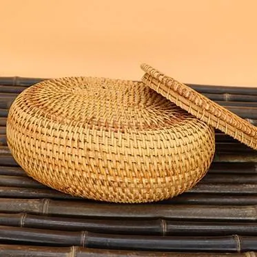 Storage Basket for Kitchen, Small Rattan Storage Basket, Round Storage Basket with Lid, Pantry Storage Ideas