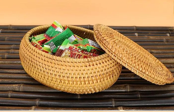 Storage Basket for Kitchen, Small Rattan Storage Basket, Round Storage Basket with Lid, Pantry Storage Ideas