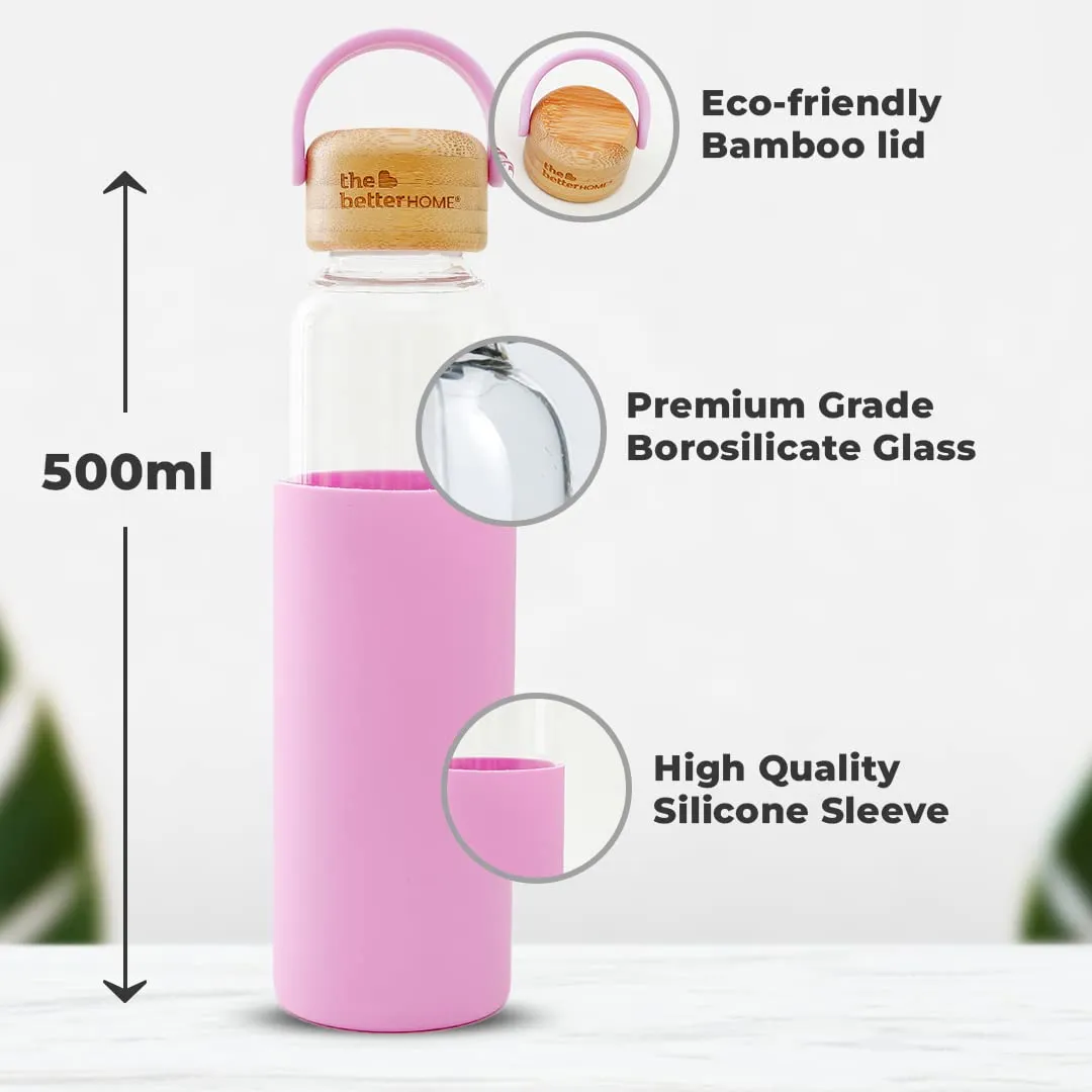 The Better Home Borosilicate Glass Water Bottle with Sleeve (500ml) | Non Slip Silicon Sleeve & Bamboo Lid | Fridge Water Bottles for Men, Women & Kids | Water Bottles for Fridge | Pink (Pack of 5)