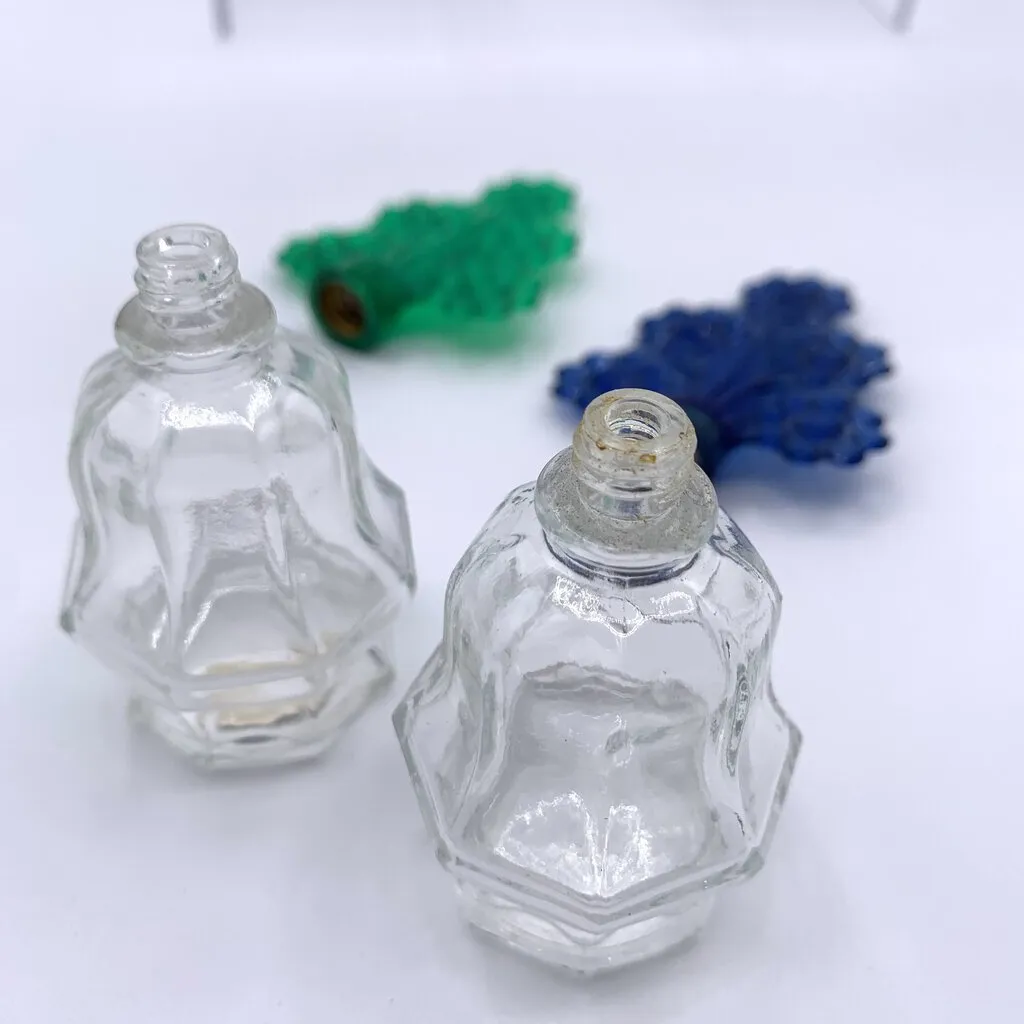 Vintage Art Deco Perfume Bottles with Plastic Flower Tops Set of 2 /hge