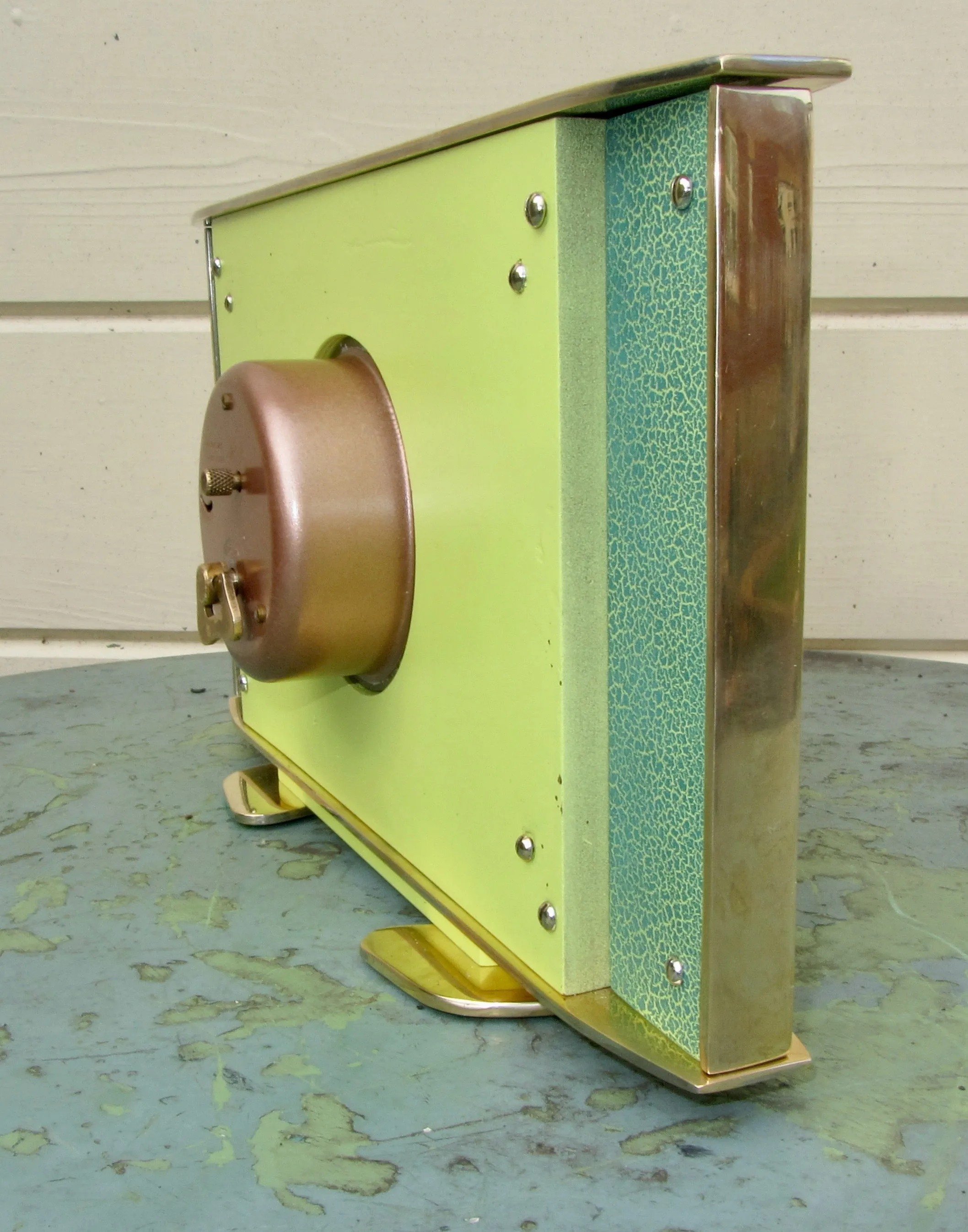 Vintage METAMEC Atomic Eye Shelf/Mantle Clock In Brass With Green Crackle Glaze Finish