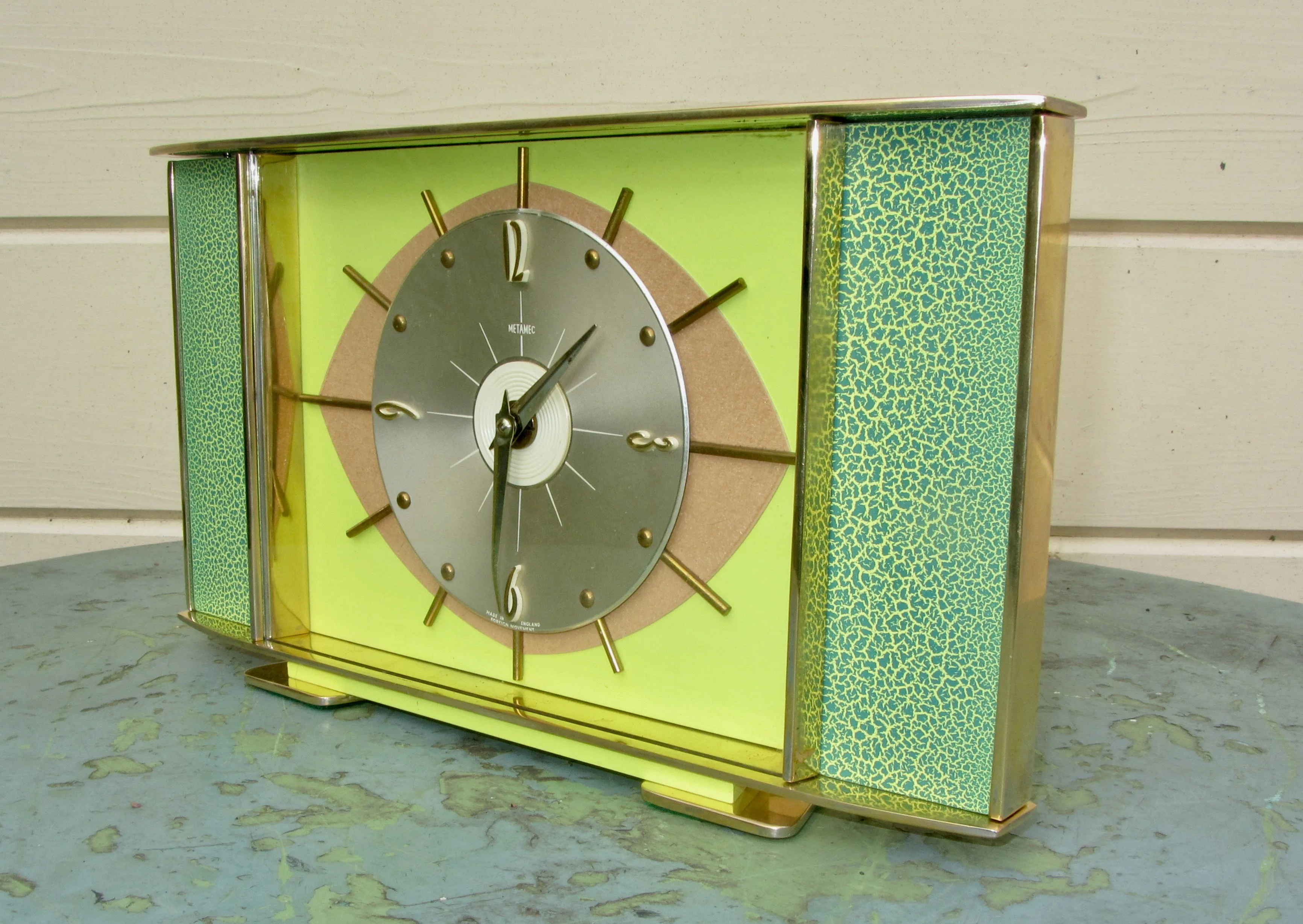 Vintage METAMEC Atomic Eye Shelf/Mantle Clock In Brass With Green Crackle Glaze Finish