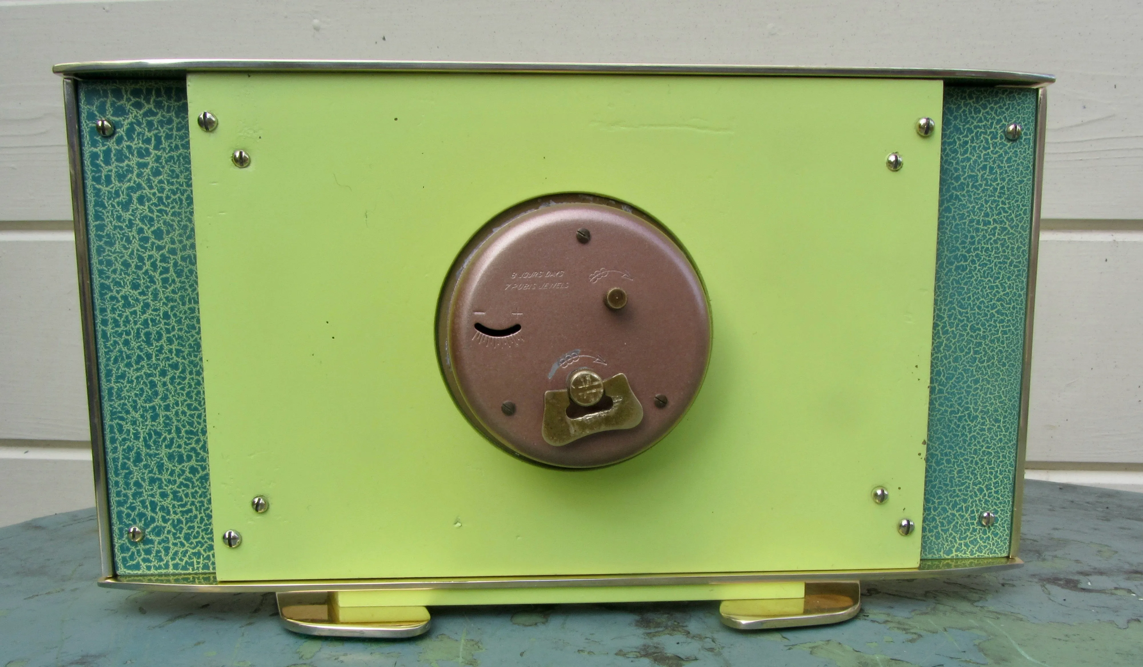 Vintage METAMEC Atomic Eye Shelf/Mantle Clock In Brass With Green Crackle Glaze Finish