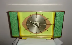 Vintage METAMEC Atomic Eye Shelf/Mantle Clock In Brass With Green Crackle Glaze Finish