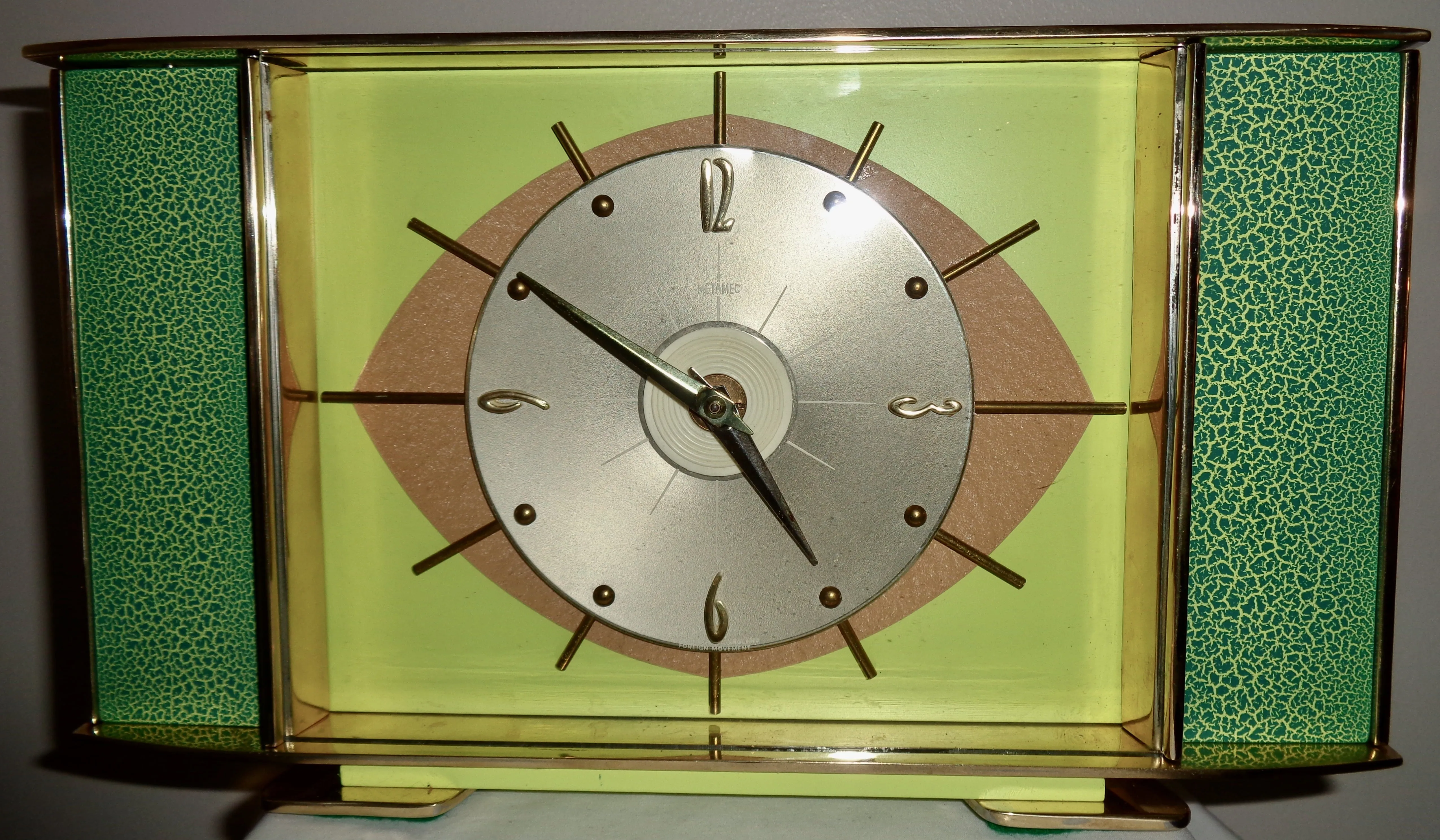Vintage METAMEC Atomic Eye Shelf/Mantle Clock In Brass With Green Crackle Glaze Finish