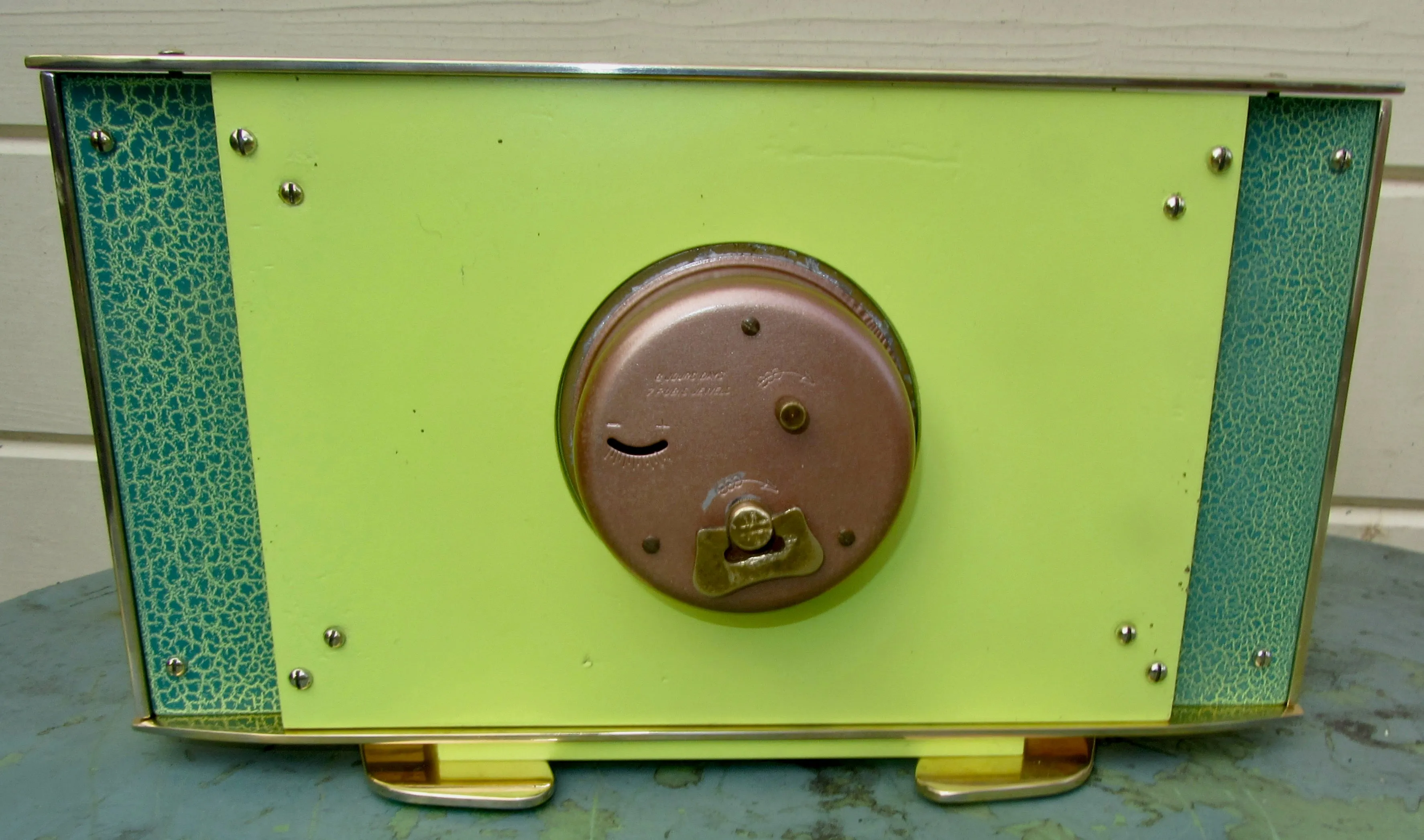 Vintage METAMEC Atomic Eye Shelf/Mantle Clock In Brass With Green Crackle Glaze Finish