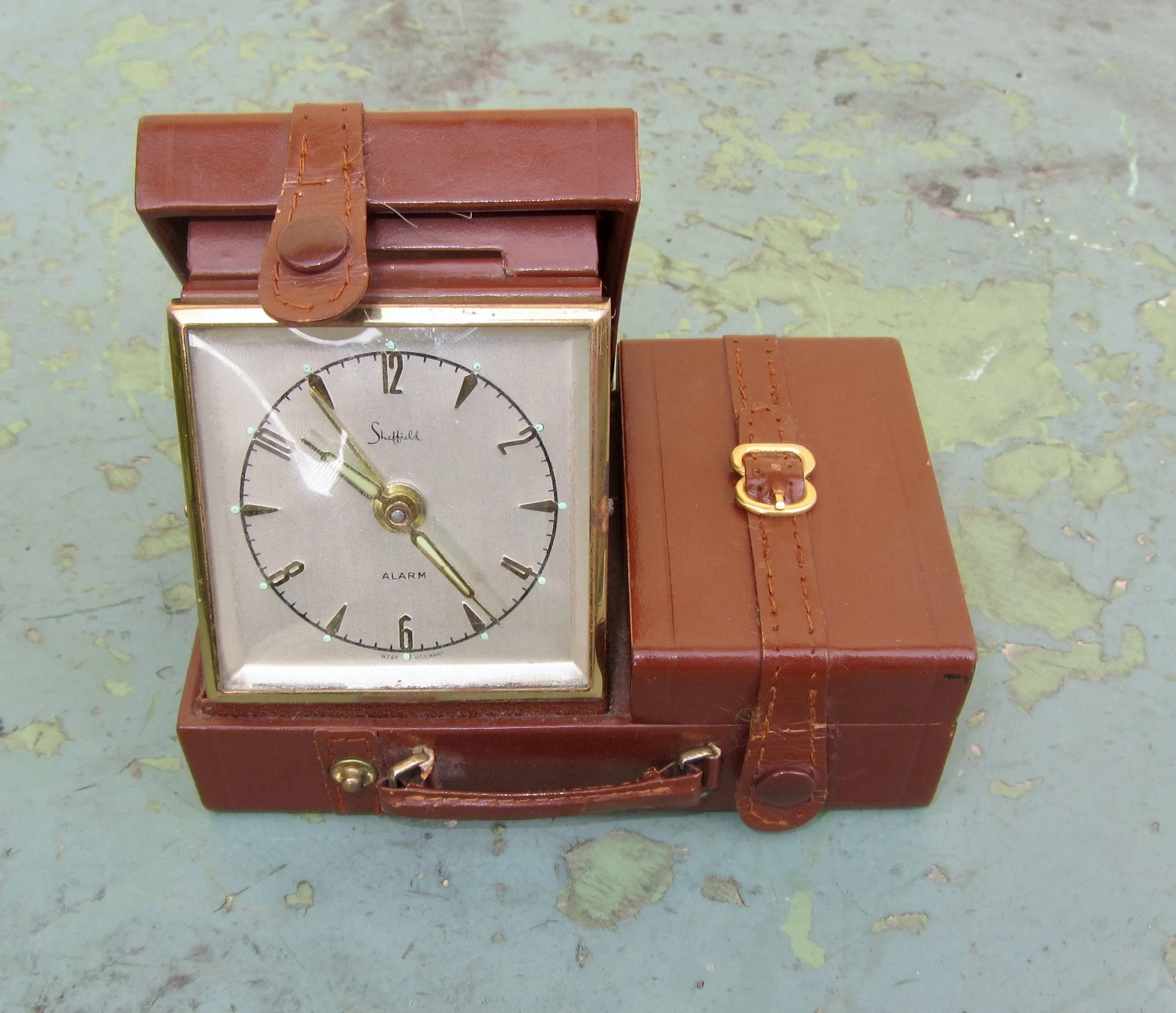 Vintage Swiza Sheffield Alarm Clock Shaped Like A Leather Suitcase