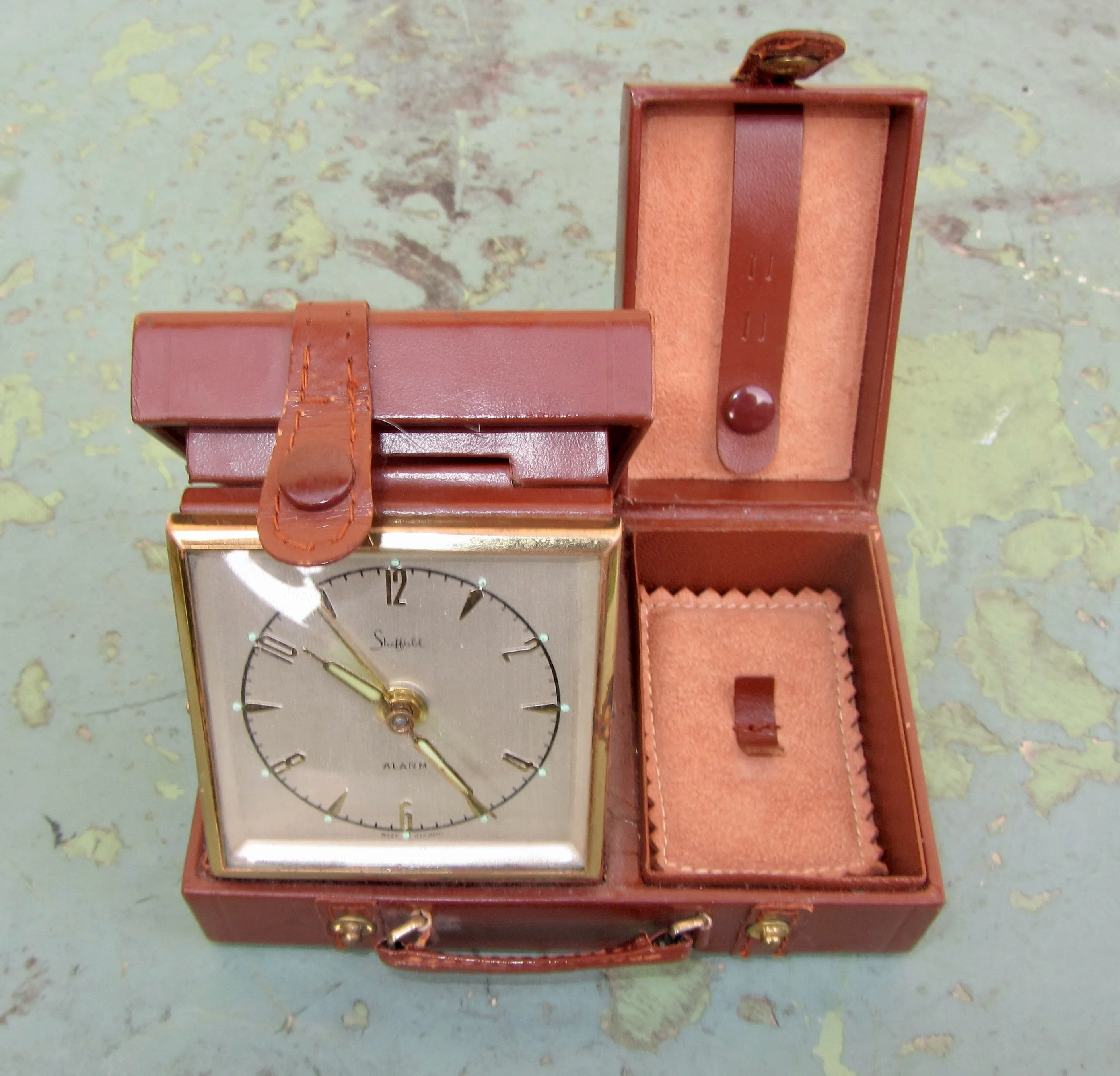 Vintage Swiza Sheffield Alarm Clock Shaped Like A Leather Suitcase