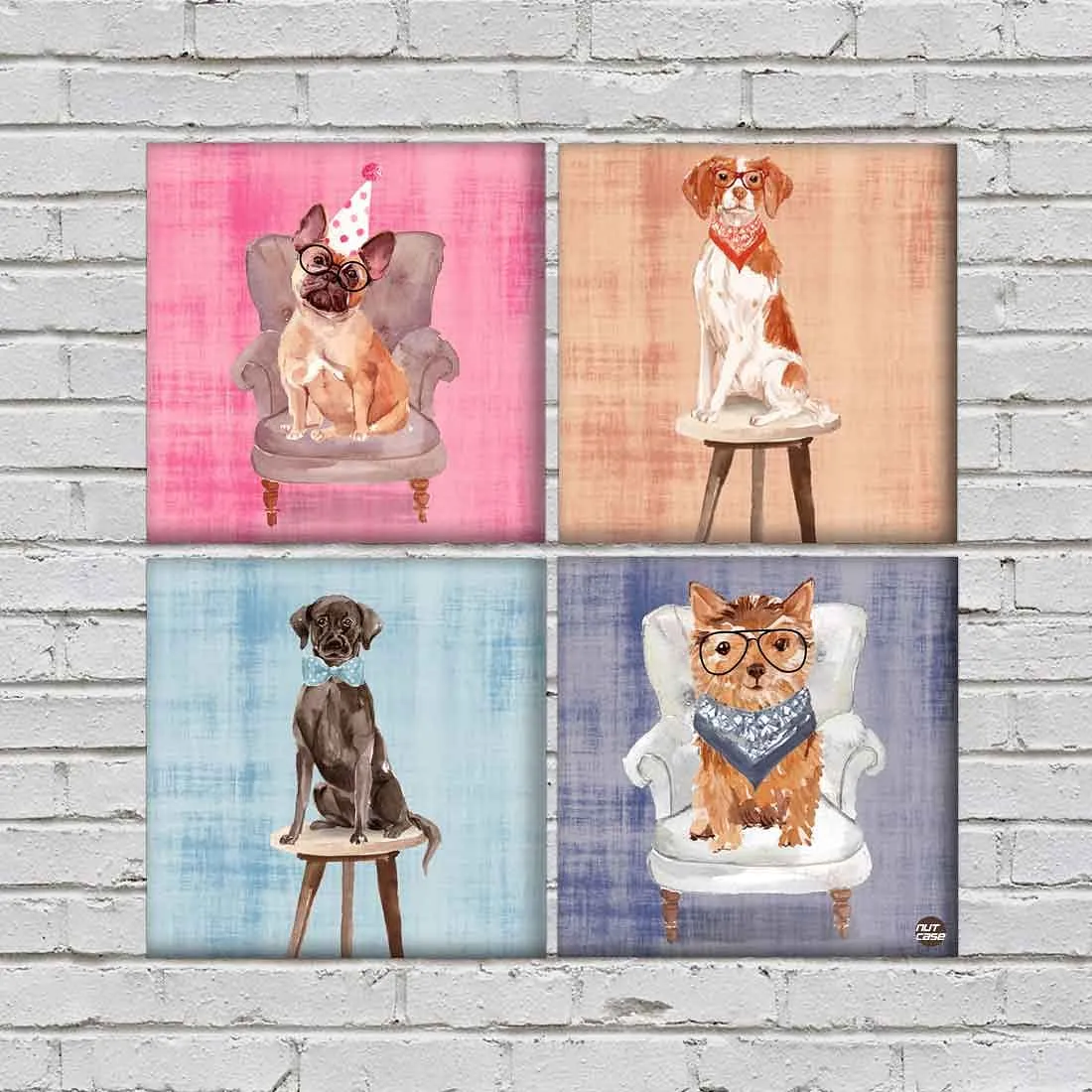 Wall Art Decor For Home Set Of 4 -Dogs With Chair