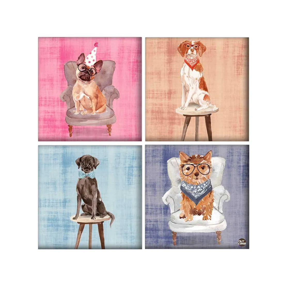 Wall Art Decor For Home Set Of 4 -Dogs With Chair