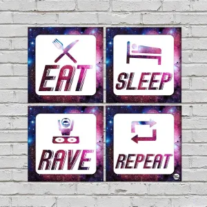 Wall Art Decor For Home Set Of 4 -Eat Sleep Rave Repeat Sign